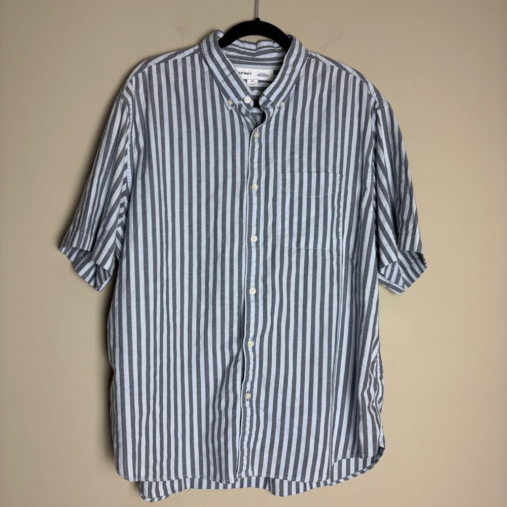 Old Navy Blue Grey Striped Men's Short Sleeve Collard Button Down Shirt Size XXL
